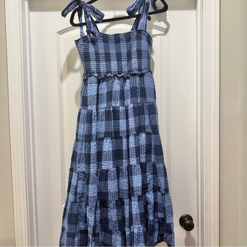 Crown & Ivy Blue Gingham Tiered Maxi Dress Smocked Tie Strap Cottagecore Large